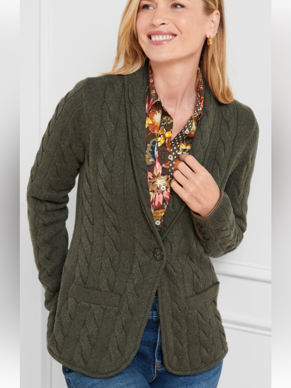 Talbots Olive Cable-Knit Shawl-Collar Cardigan Blazer